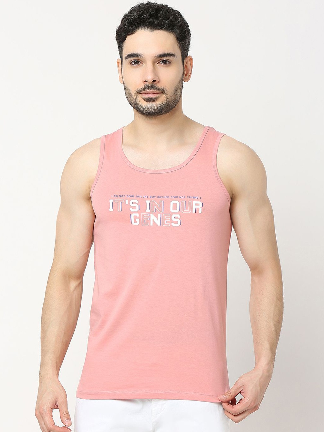 

UnderJeans by Spykar Printed Cotton Gym Vest, Pink
