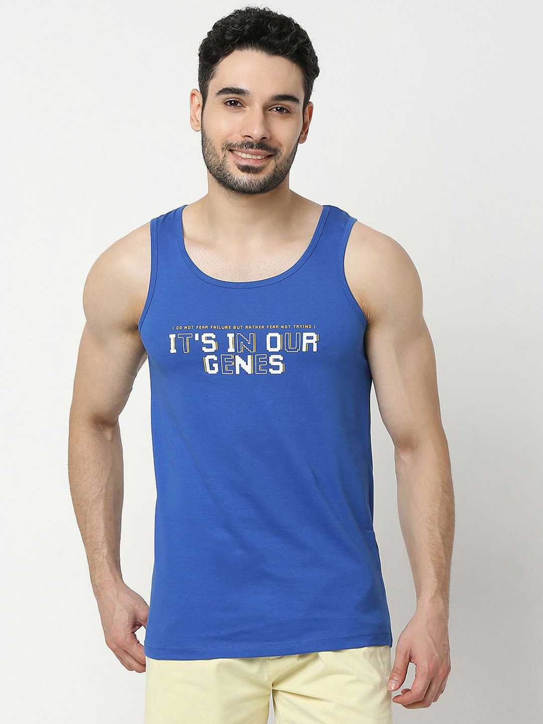 

UnderJeans by Spykar Printed Cotton Gym Vest UJLSTPM030TRUEBLUE, Blue