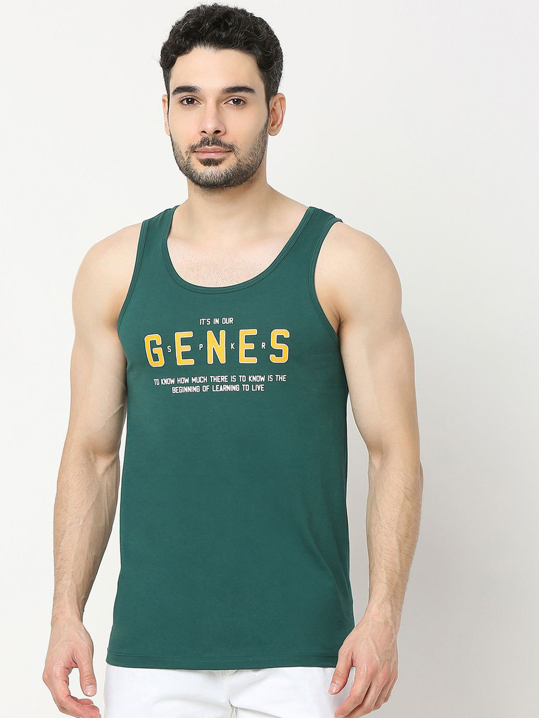 

UnderJeans by Spykar Printed Cotton Gym Innerwear Vests UJLSTPM031BOTTLEGREEN, Green