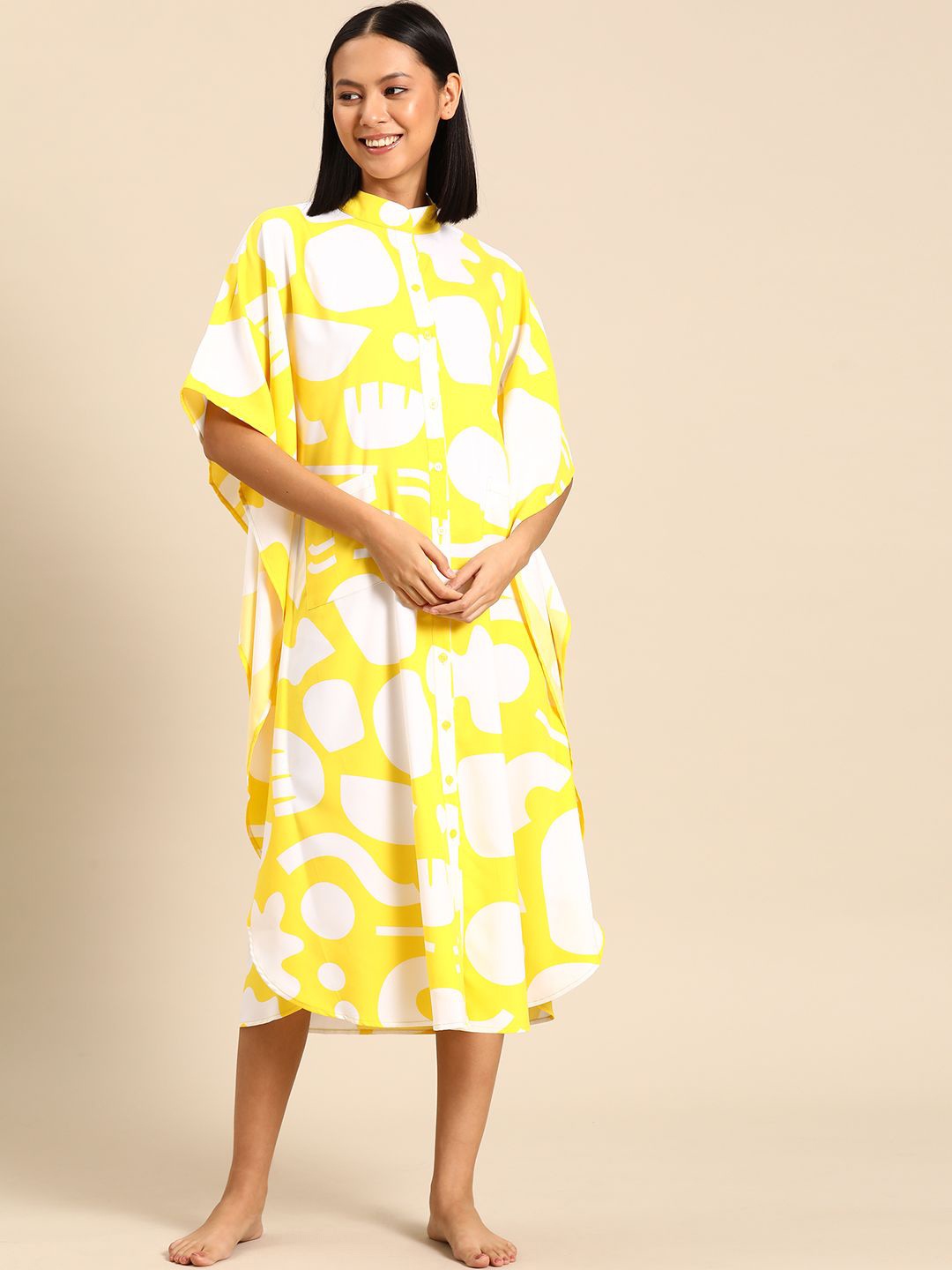 

MABISH by Sonal Jain Women Printed Kaftan Nightdress With Pockets, Yellow