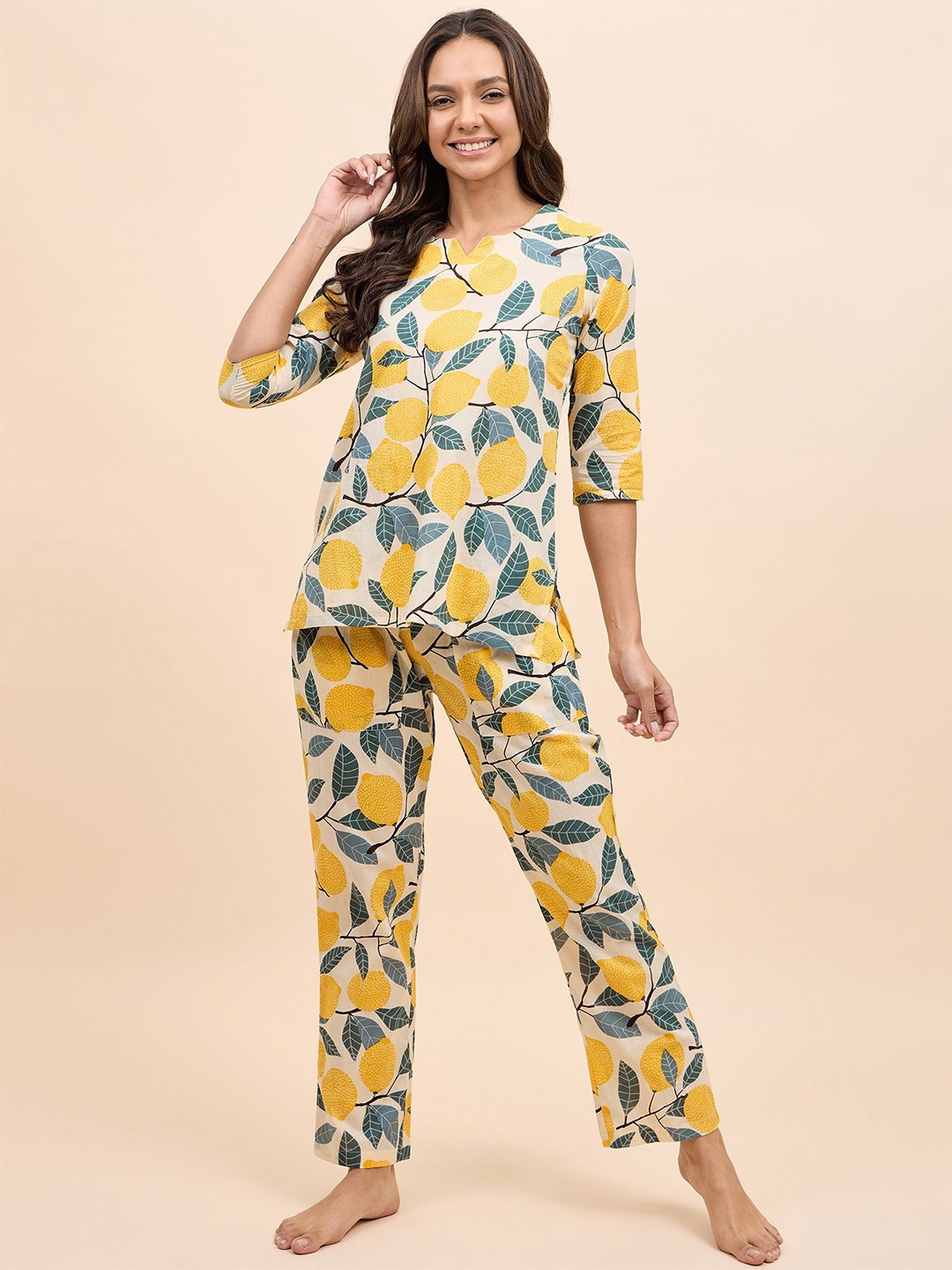 

MABISH by Sonal Jain Women Printed Pure Cotton Shirt and Pyjamas Night suit, Yellow