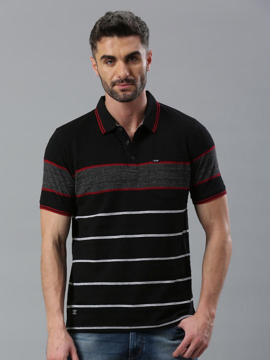 

Klub Fox Men Striped Polo Collar Cotton Tshirt, Black