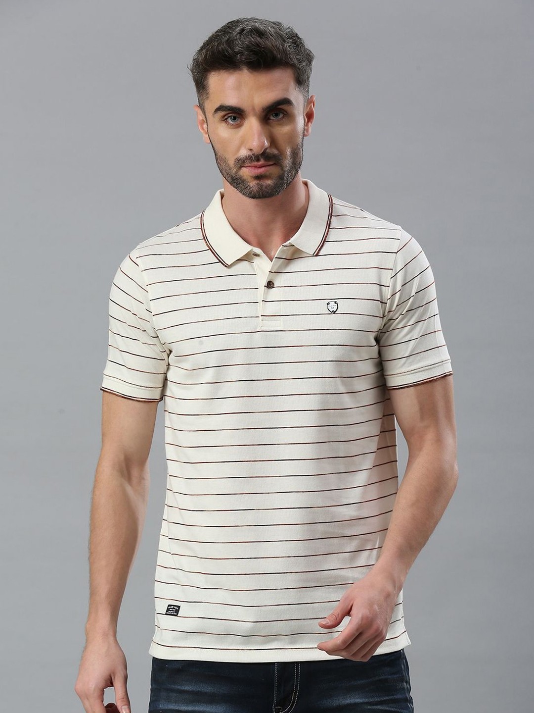 

Klub Fox Men Striped Polo Collar Cotton Tshirt, Off white