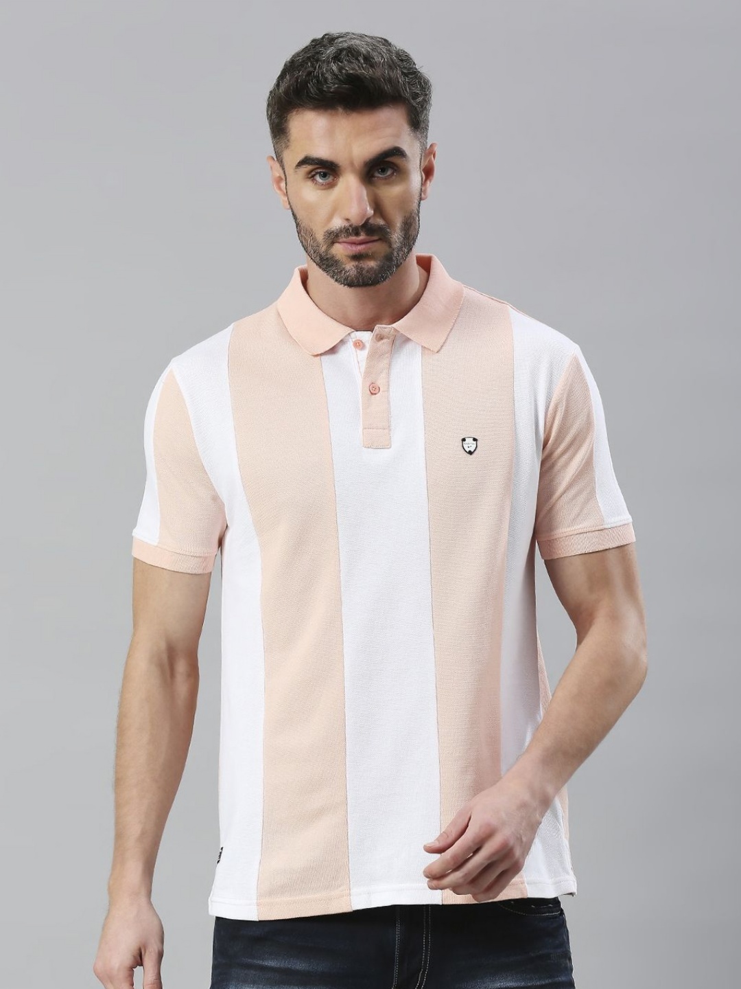 

Klub Fox Men Striped Polo Collar Cotton Tshirt, Peach