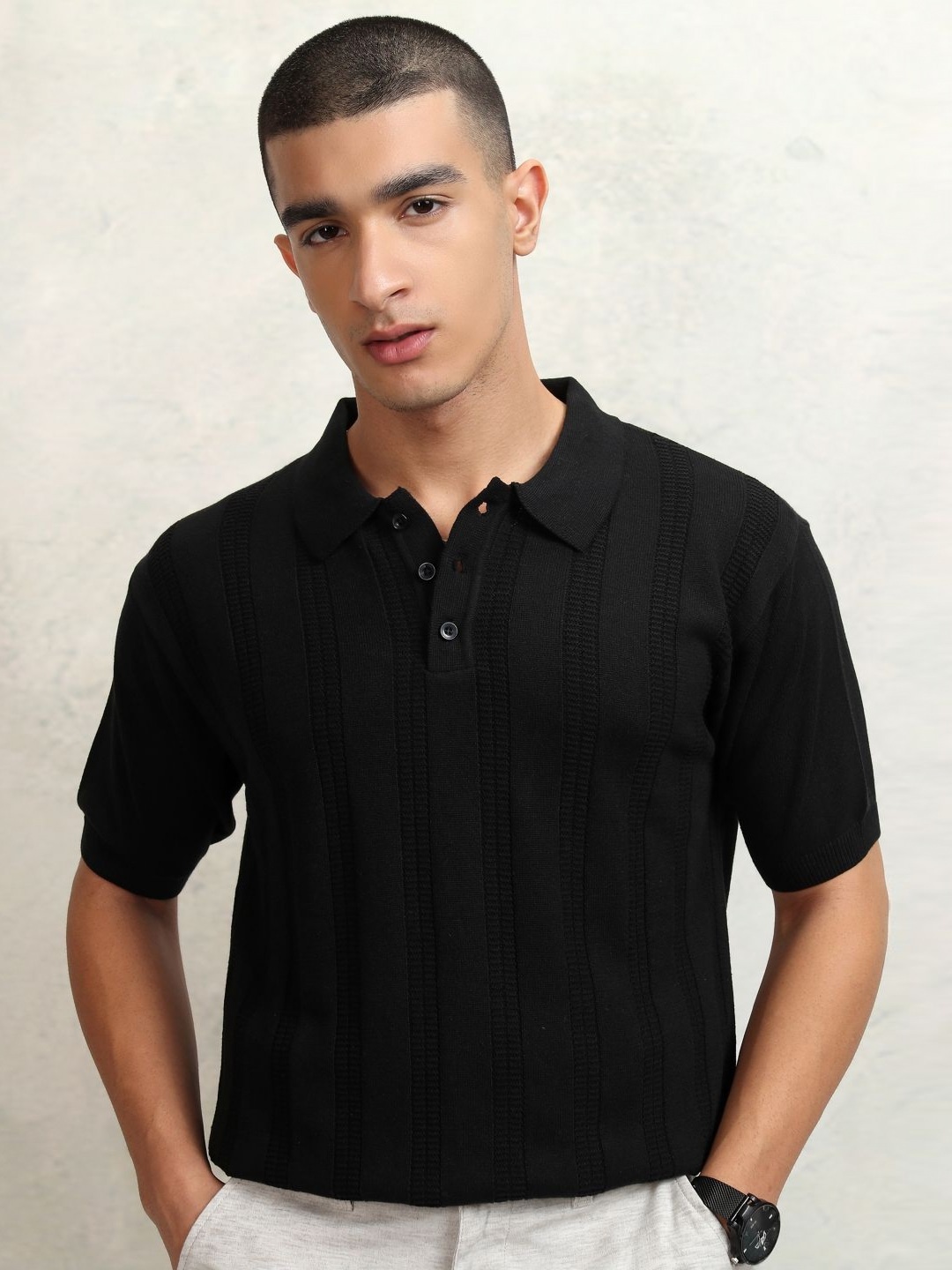 

Highlander Men Relaxed Fit Knitted Textured T-shirt, Black