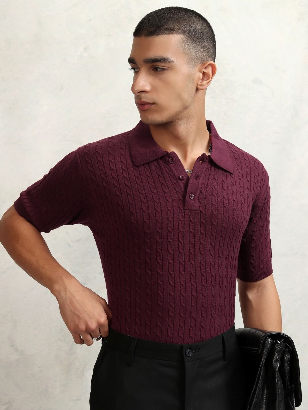 

Highlander Men Knitted Textured Polo Collar Tshirt, Maroon