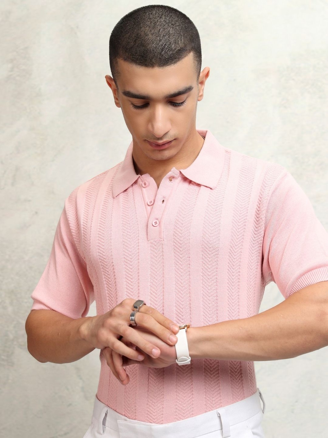 

Highlander Men Textured Polo Collar Tshirt, Pink