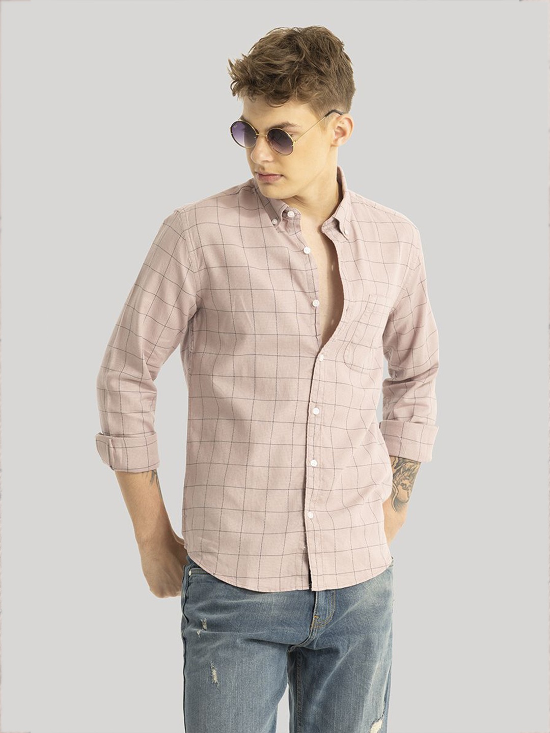 

Snitch Men Smart Button-Down Collar Checked Cotton Slim Fit Casual Shirt, Pink