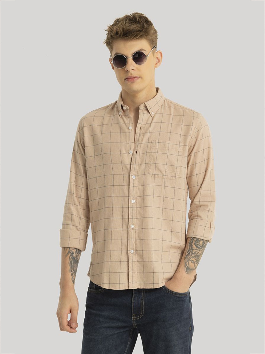 

Snitch Men Smart Button-Down Collar Checked Cotton Slim Fit Casual Shirt, Beige