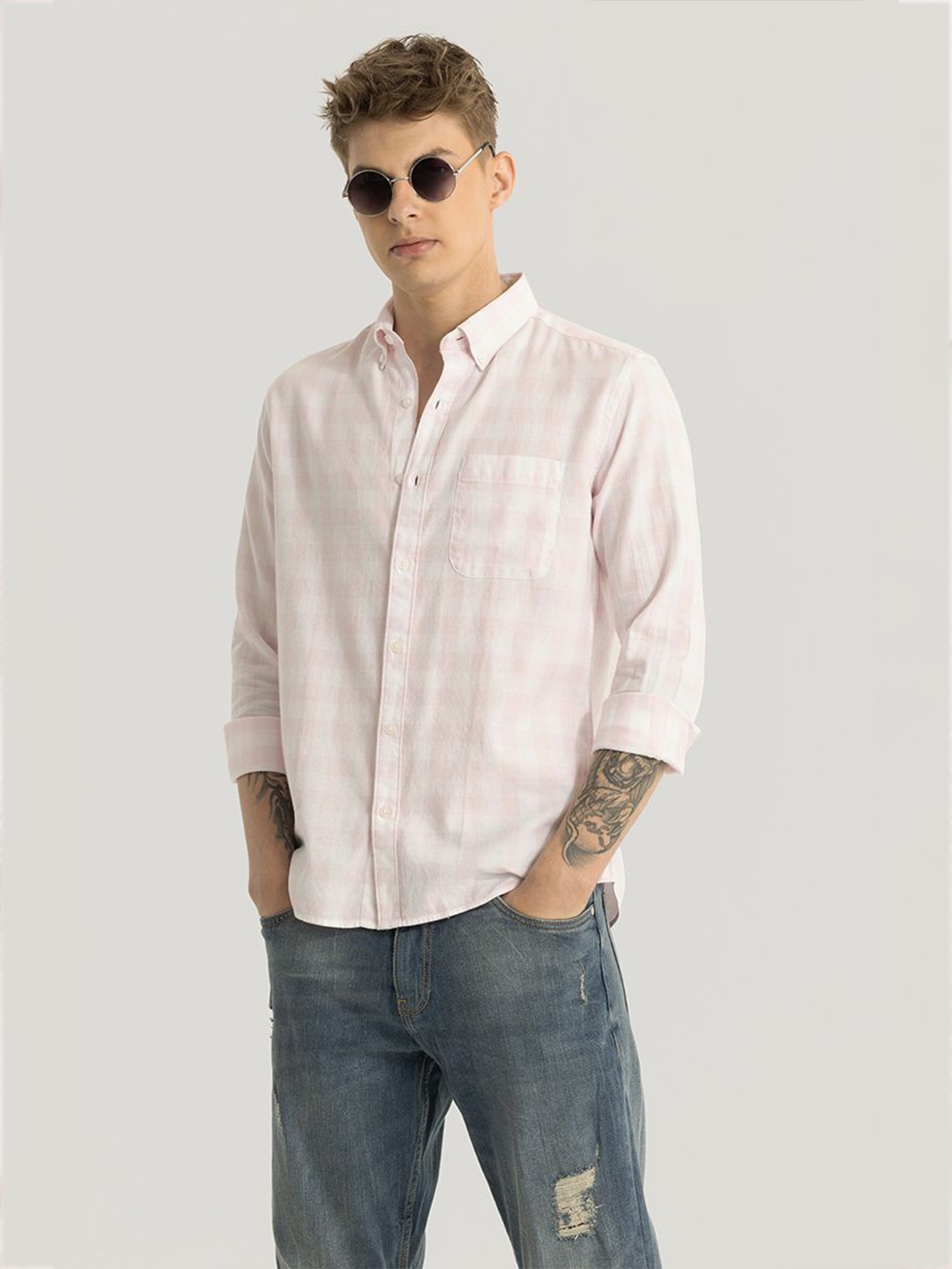 

Snitch Men Smart Button-Down Collar Checked Cotton Slim Fit Casual Shirt, Pink