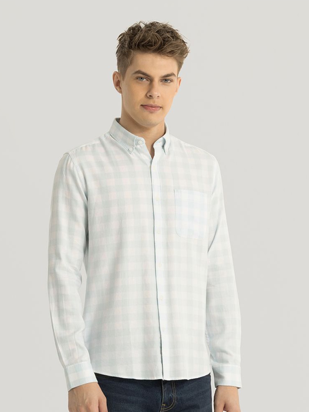 

Snitch Men Smart Button-Down Collar Checked Cotton Slim Fit Casual Shirt, Blue