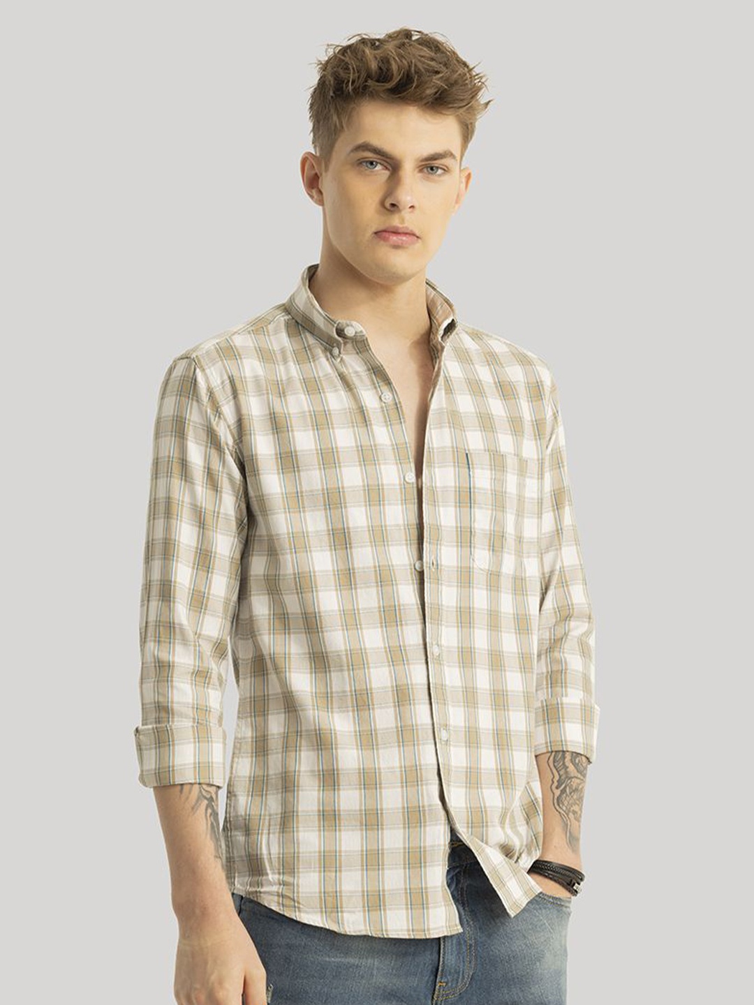 

Snitch Men Smart Button-Down Collar Checked Cotton Slim Fit Casual Shirt, Cream