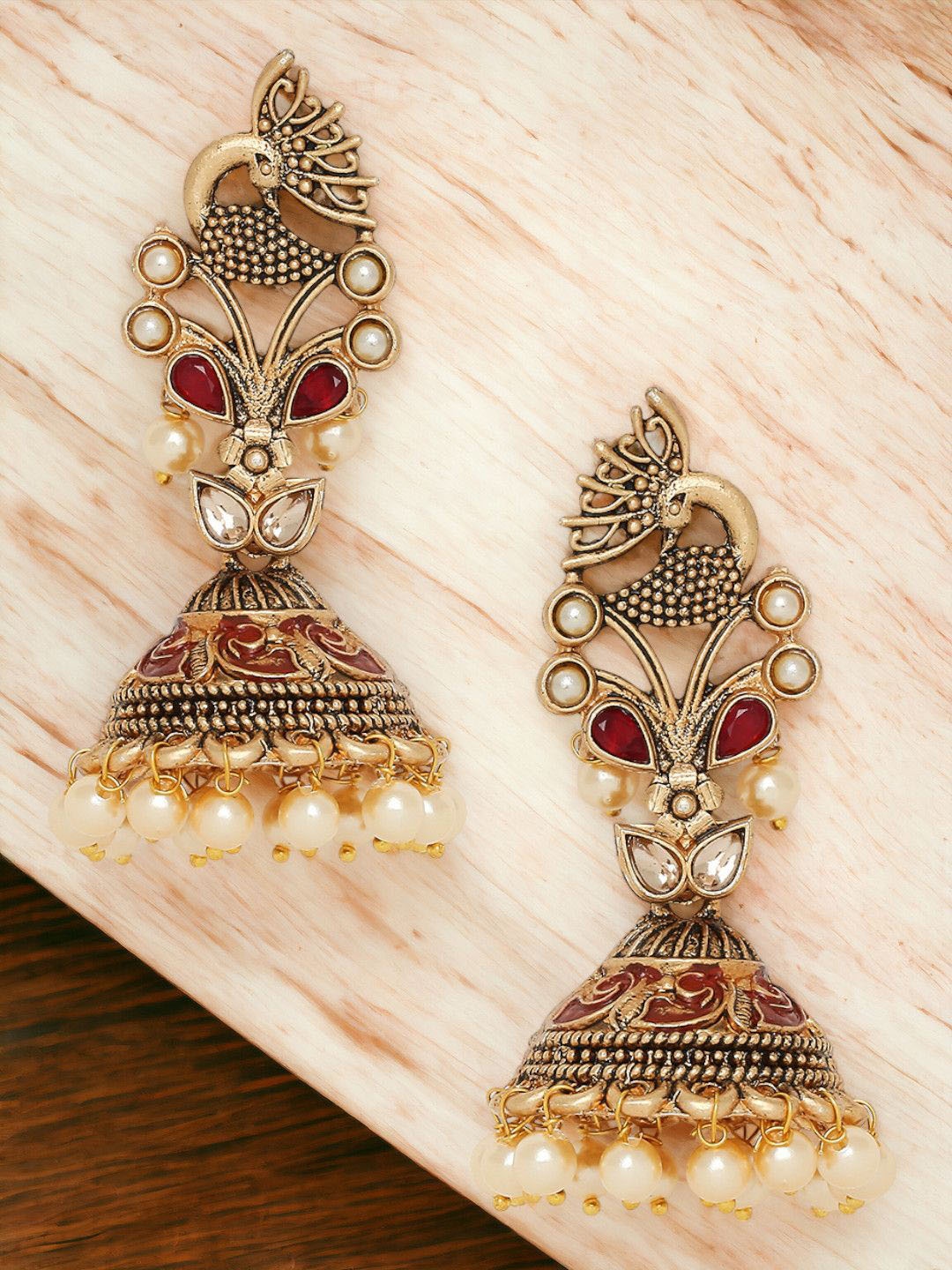 

Anouk Gold-Toned Stone-Studded & Beaded Dome Shaped Meenakari Jhumkas