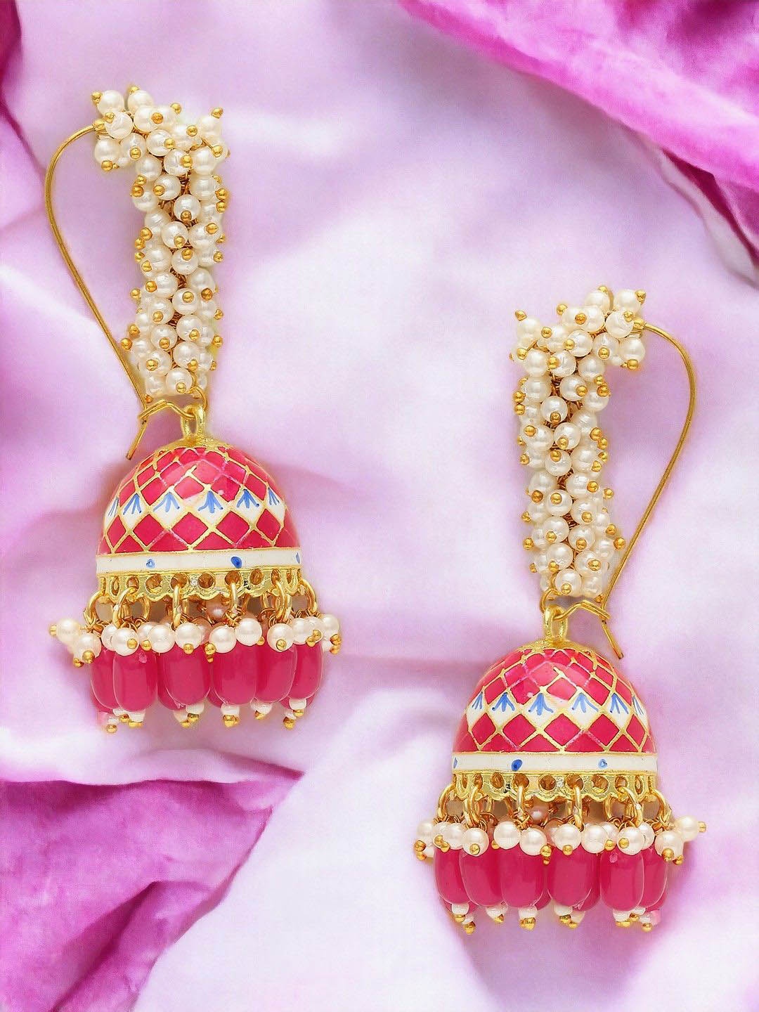 

Anouk Gold-Toned Beaded Dome Shaped Meenakari Jhumkas