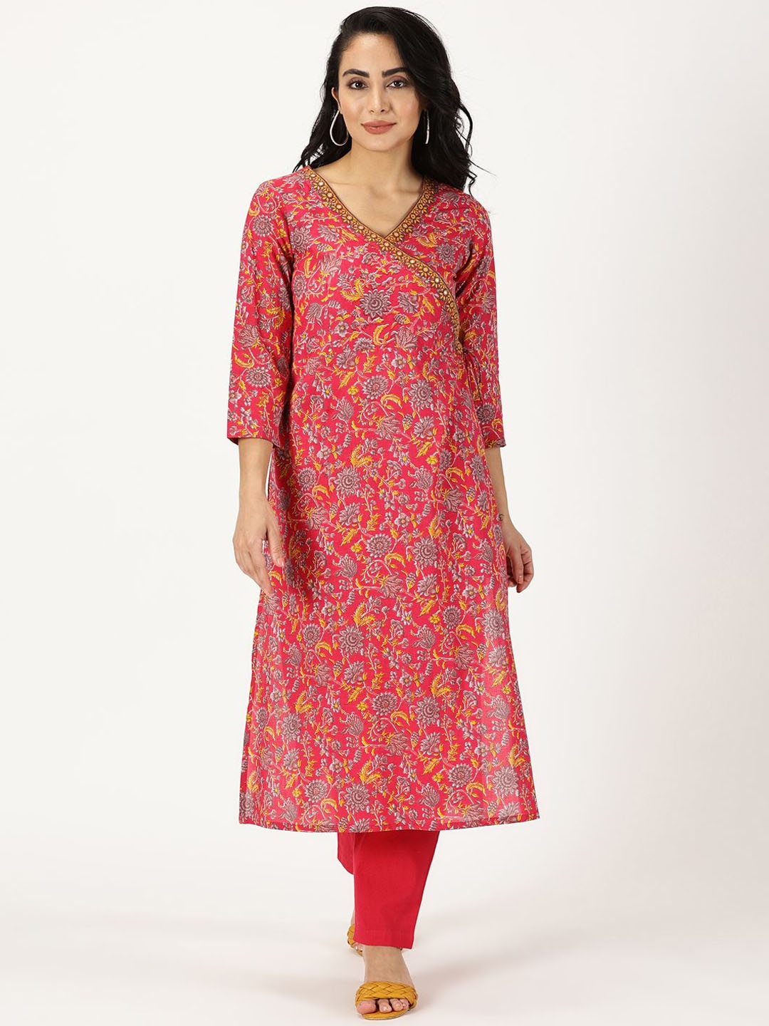 

Saffron Threads Floral Printed V-Neck Sequinned Pure Cotton Angrakha Kurta, Pink