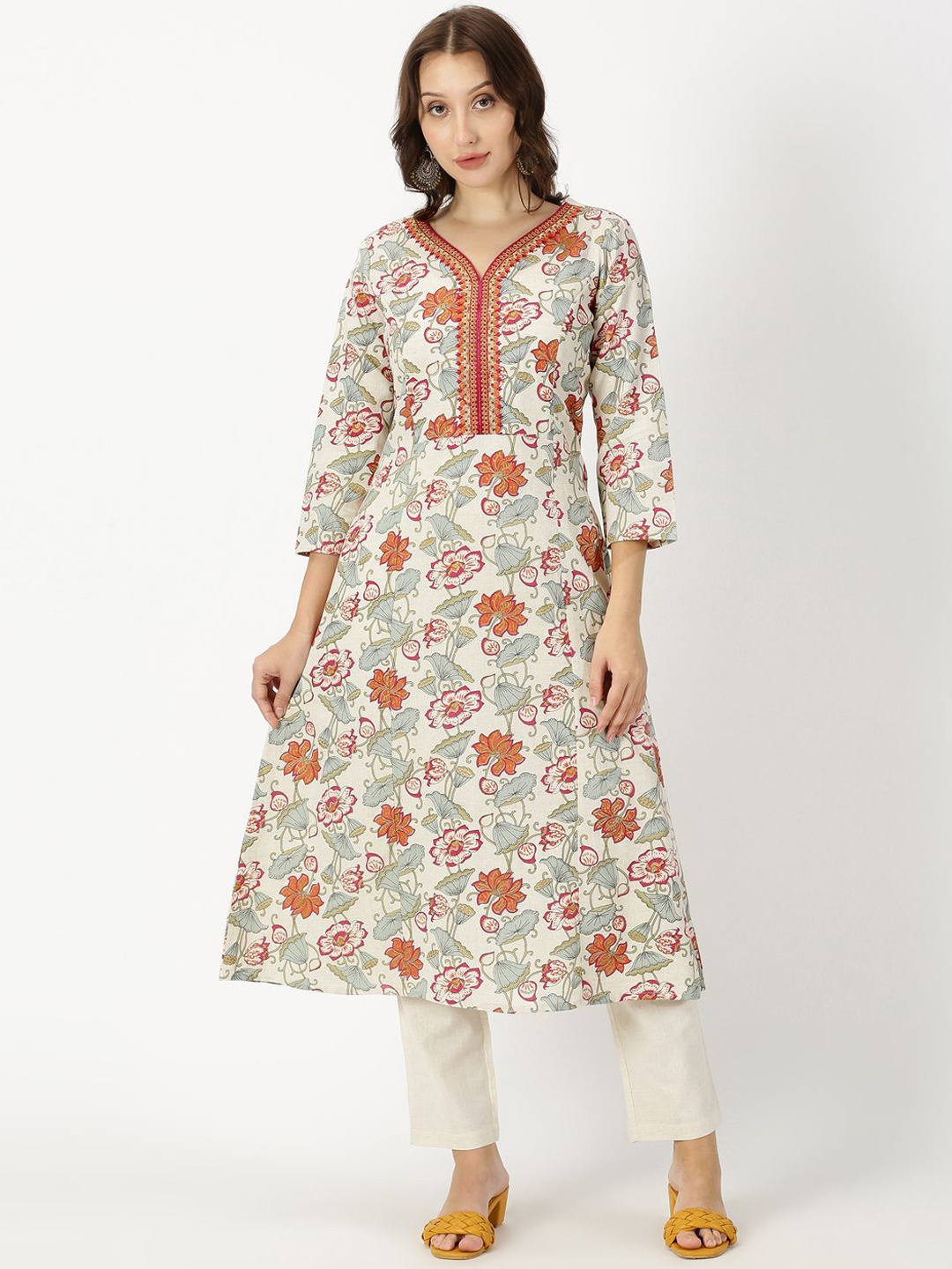 

Saffron Threads Floral Printed V-Neck Cotton & Linen A-Line Kurta, Off white