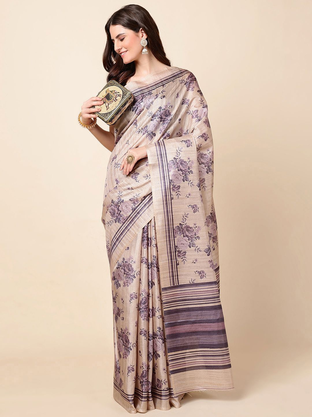 

Meena Bazaar Floral Tussar Saree, Beige