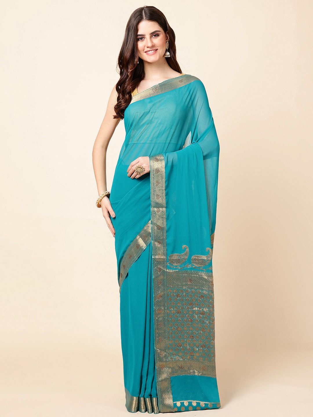 

Meena Bazaar Poly Chiffon Zari Woven Design Festive Saree, Blue