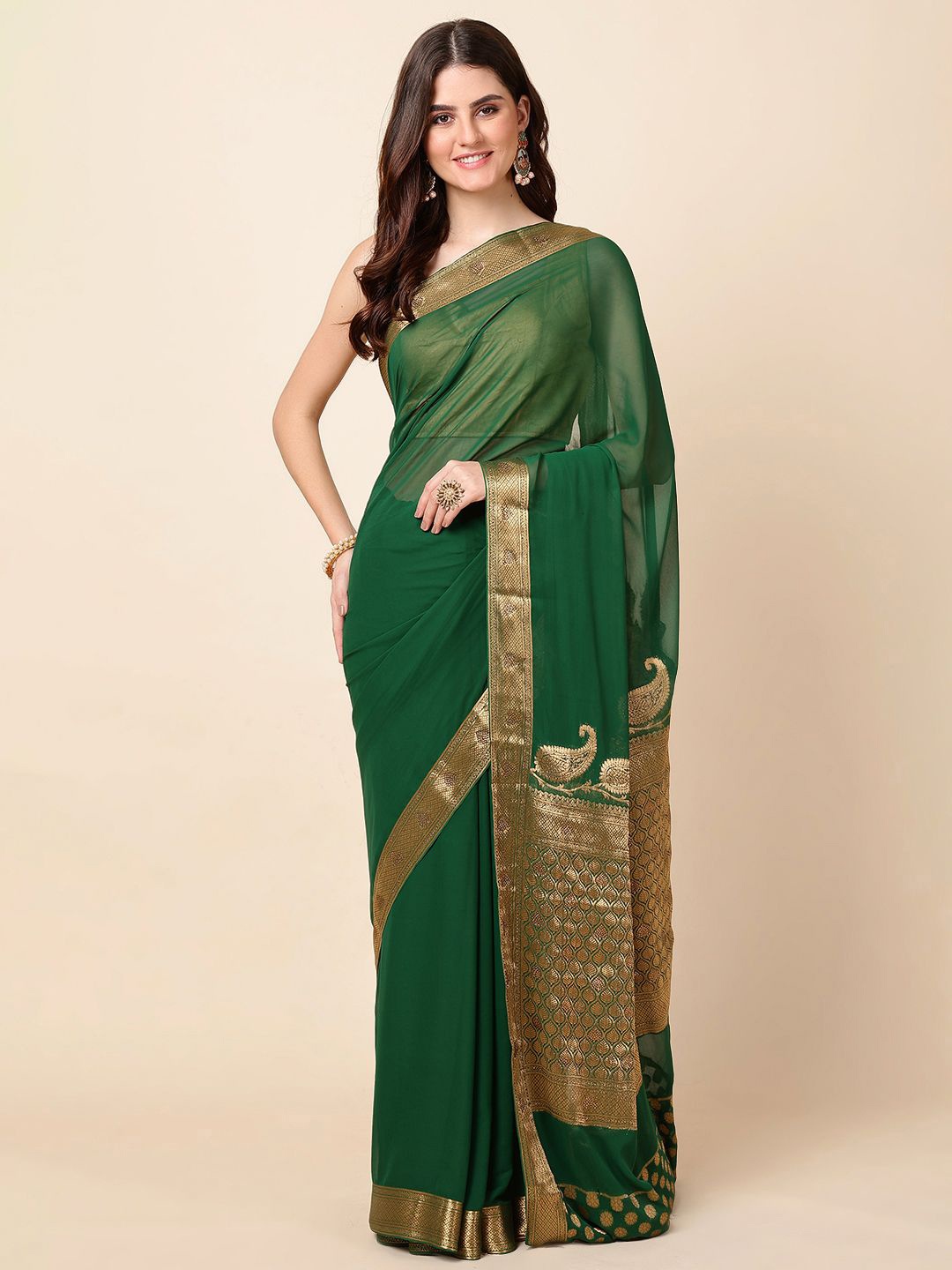 

Meena Bazaar Zari Poly Chiffon Saree, Green