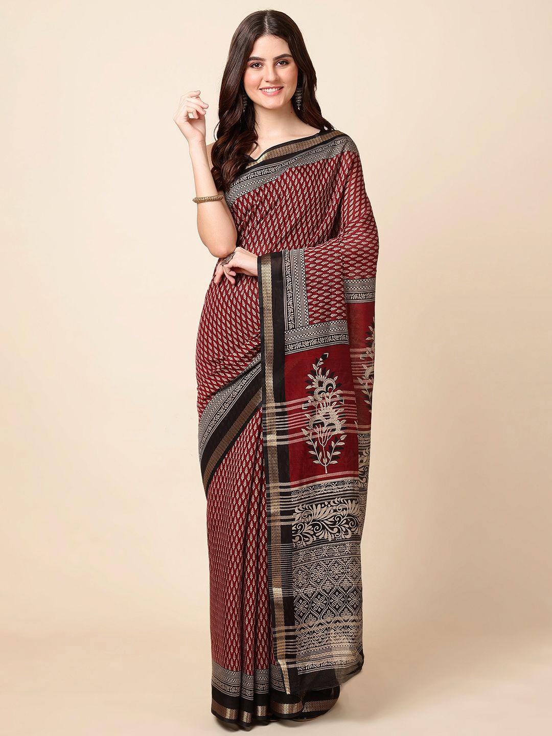 

Meena Bazaar Ethnic Motif Zari Woveni Saree, Maroon