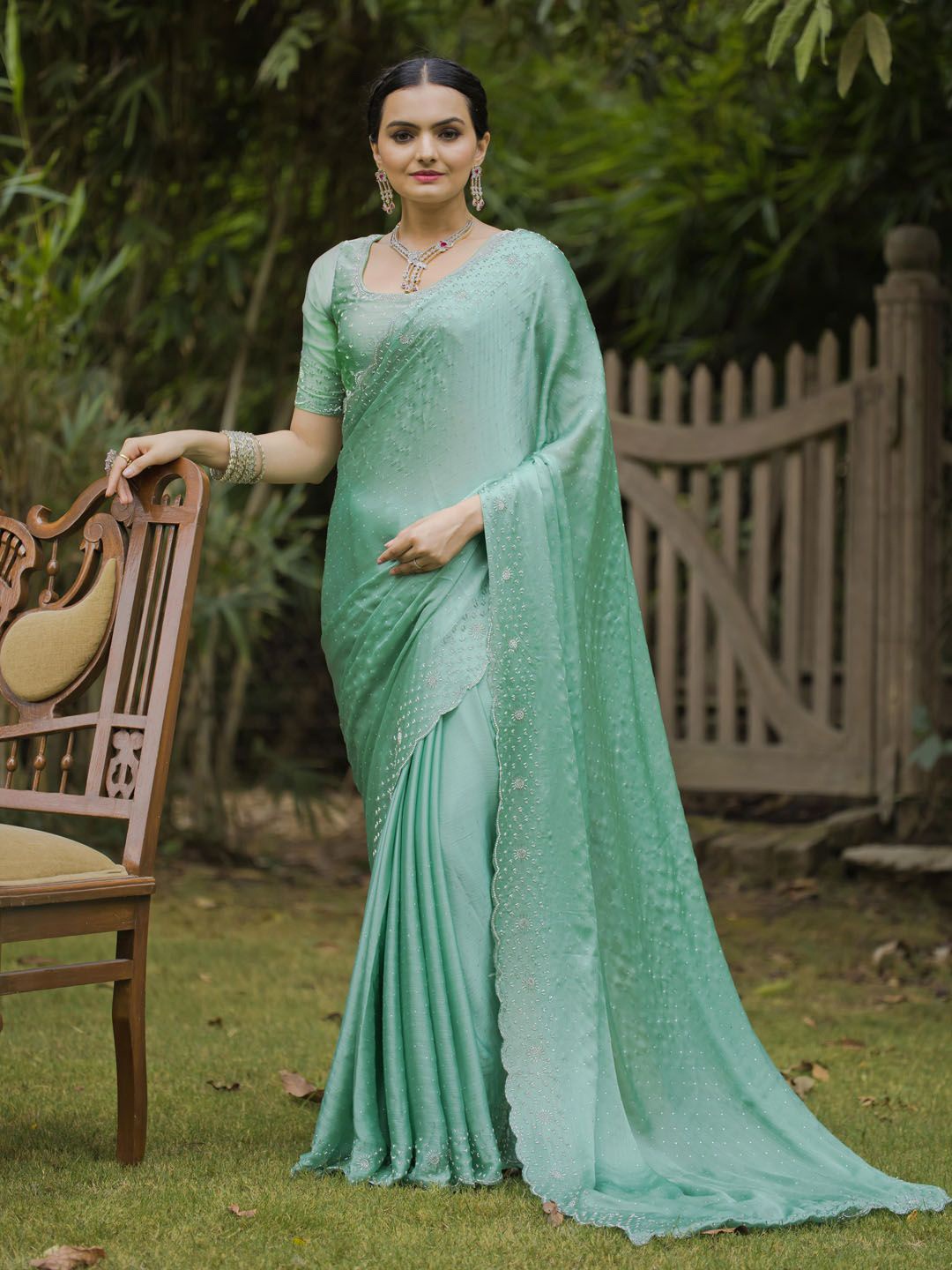 

Meena Bazaar Embellished Beads and Stones Saree, Green