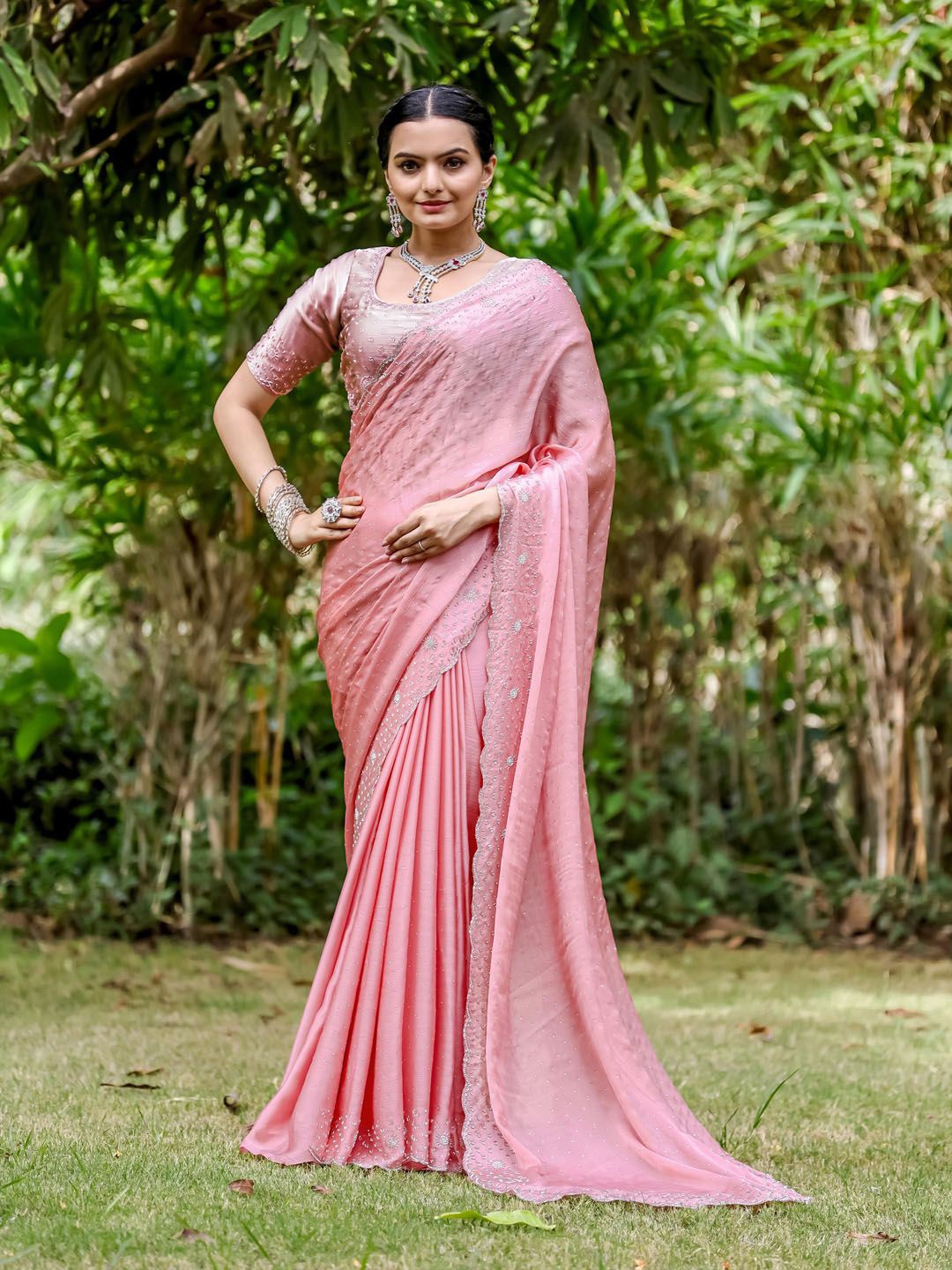 

Meena Bazaar Ethnic Motifs Embroidered Saree, Peach