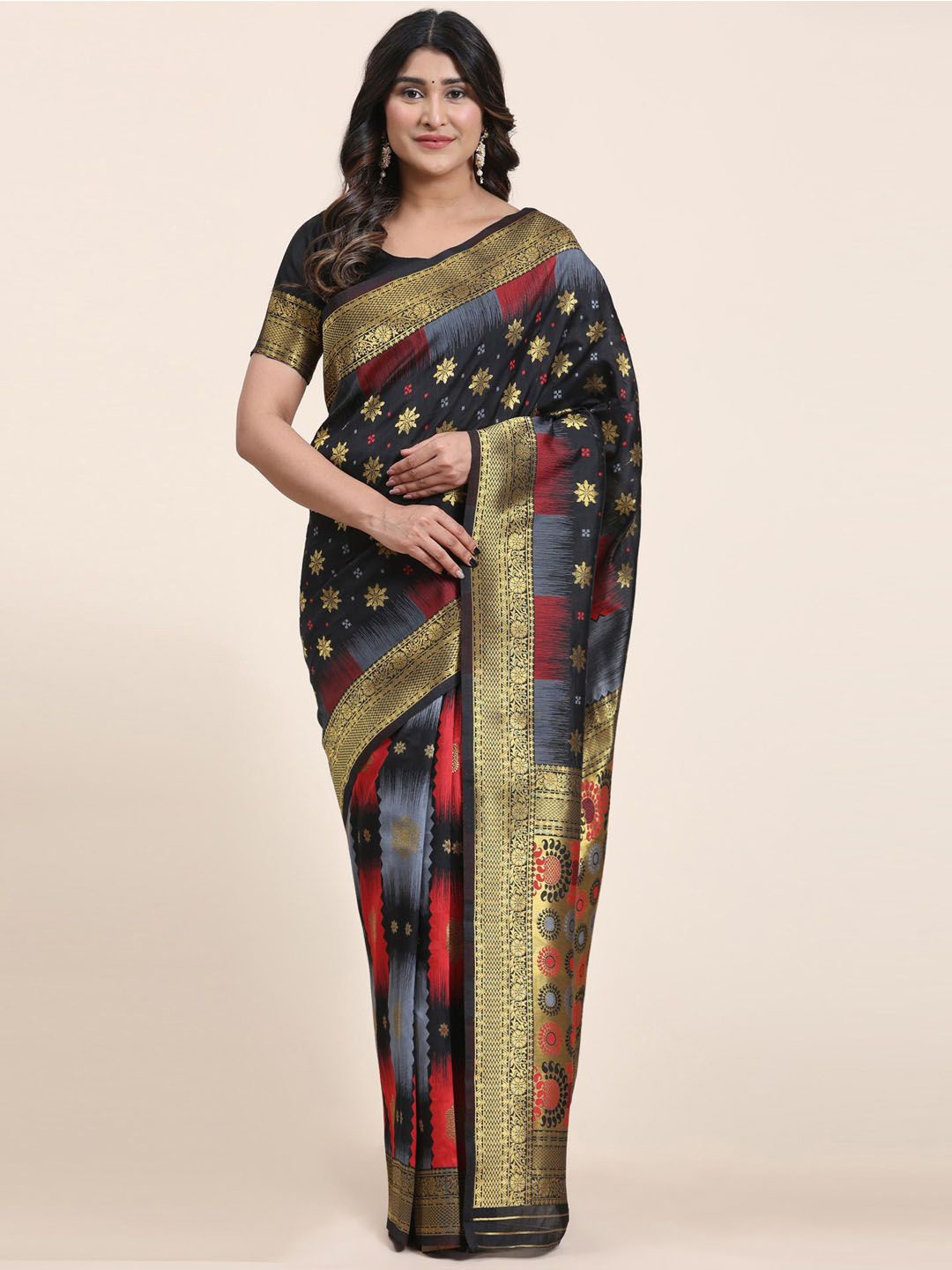 

Meena Bazaar Ethnic Motif Woven Art Silk Saree, Black