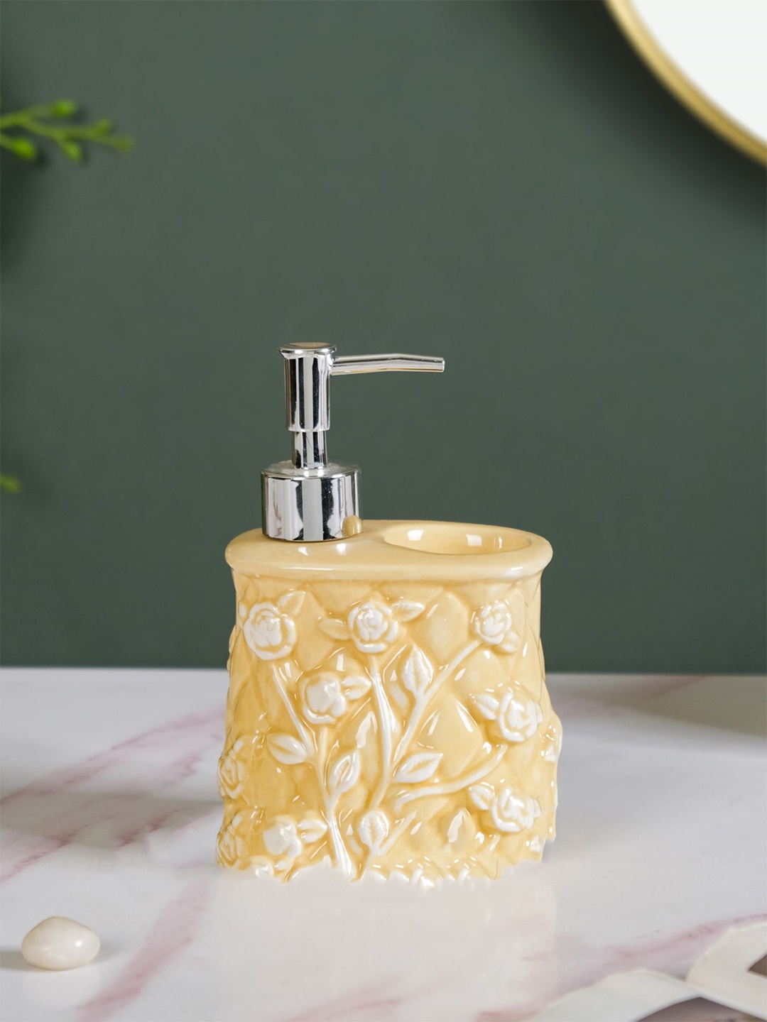 

Nestasia Yellow & Silver Toned Floral Ceramic Glossy Soap Dispenser 450ml