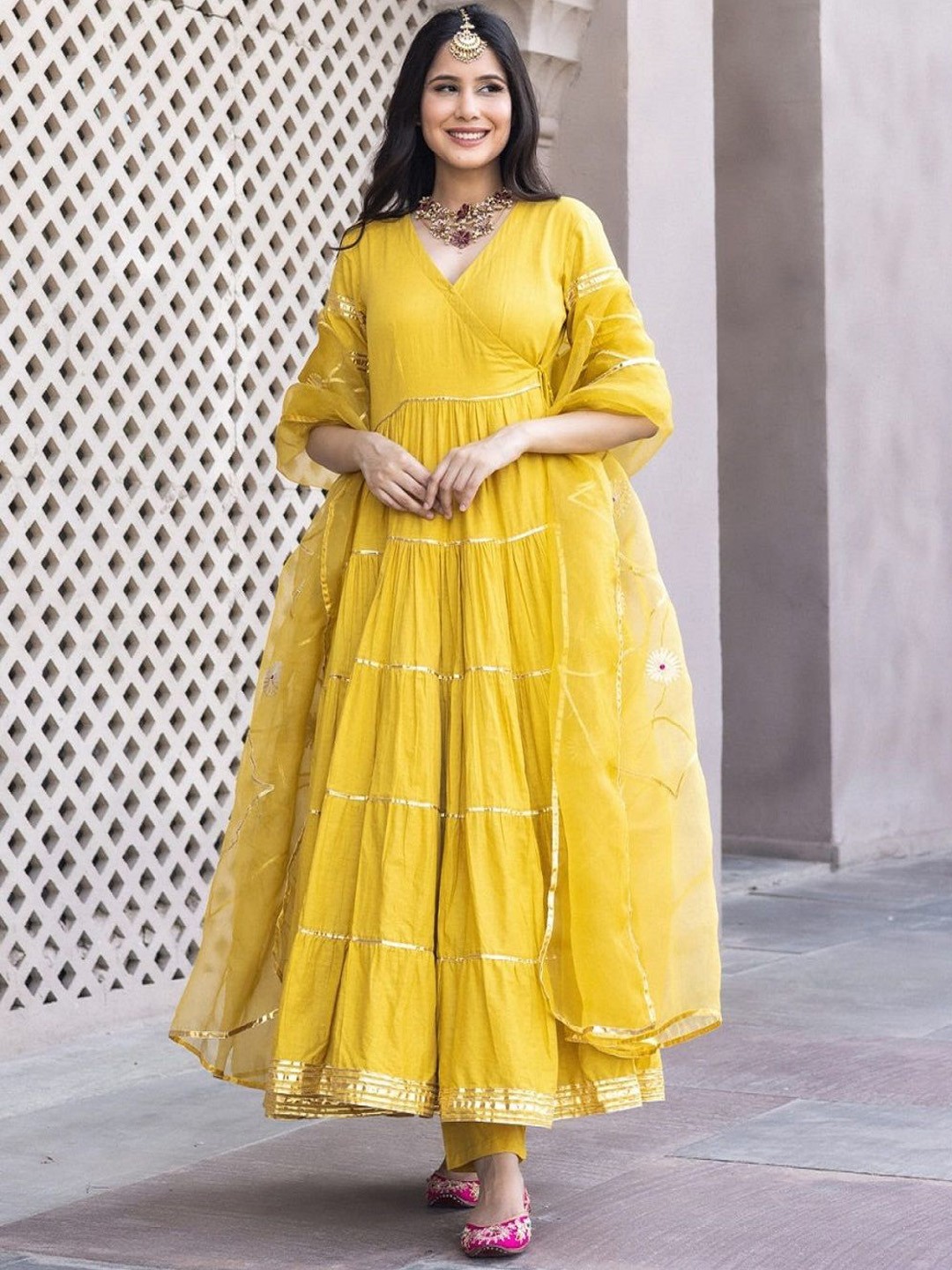 

KALINI Gotta Patti Angrakha AnarkaliKurta with Trousers & Dupatta, Yellow