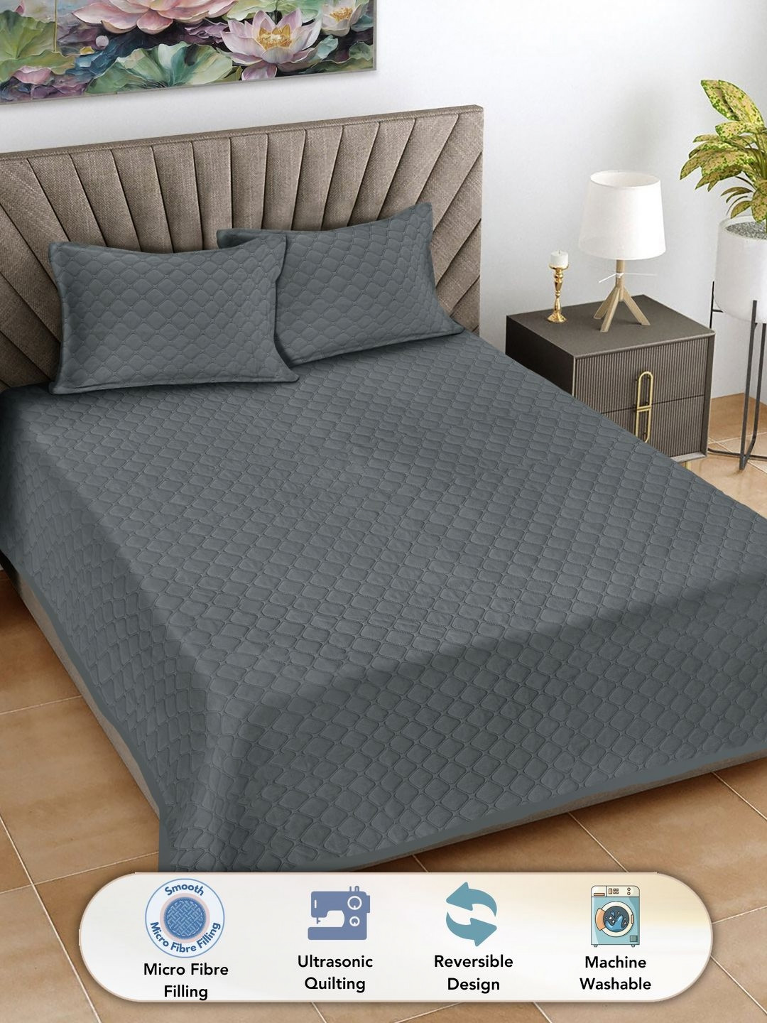 

Fabinaliv Grey Solid Quilted Reversible King Bed Cover & 2 Pillow Covers
