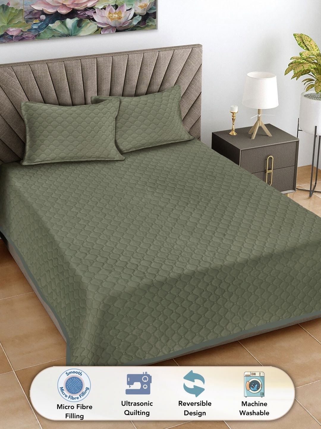 

Fabinaliv Olive Green Solid Quilted Reversible King Bed Cover & 2 Pillow Covers