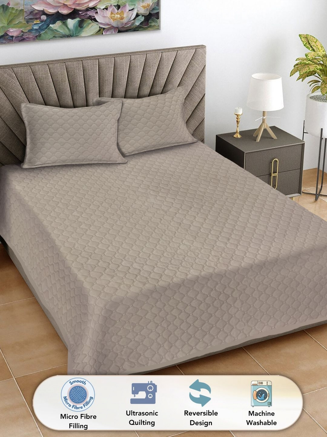 

FABINALIV Beige Solid Quilted Reversible King Bed Cover & 2 Pillow Covers