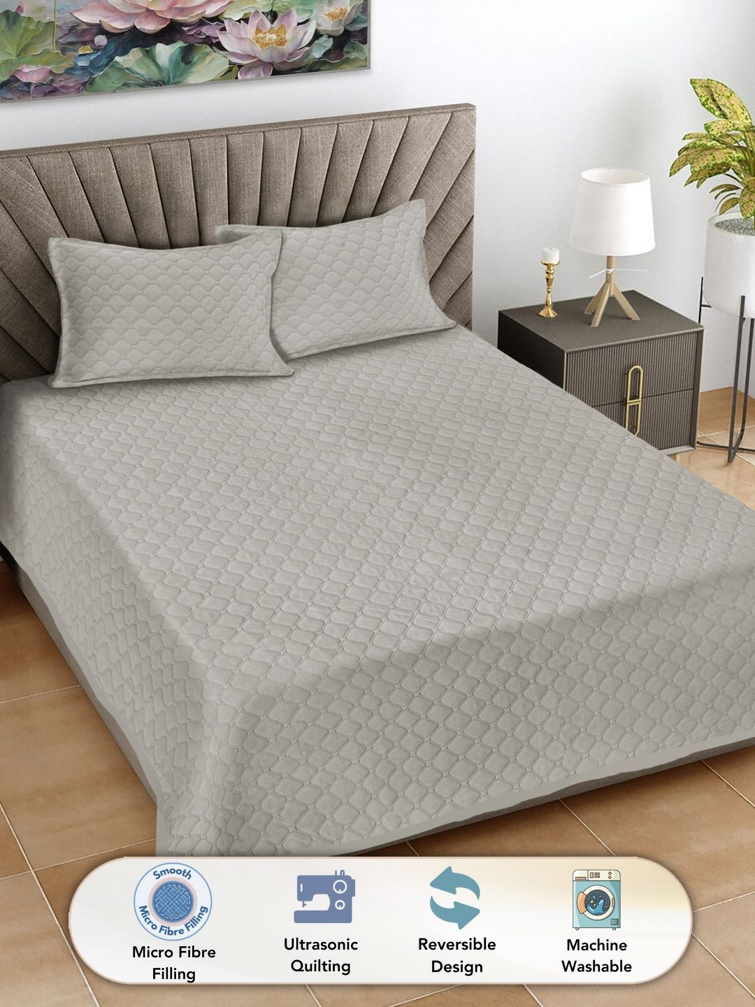 

FABINALIV Cream Solid Quilted Reversible King Bed Cover & 2 Pillow Covers