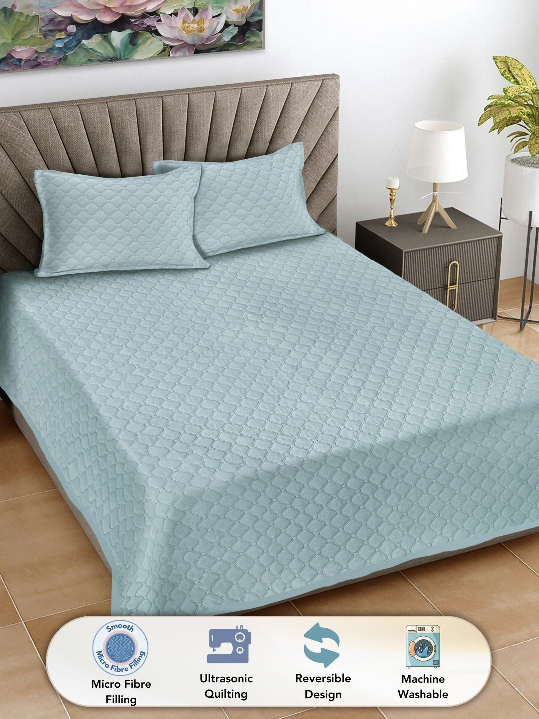 

FABINALIV Blue Solid Quilted Reversible King Bed Cover & 2 Pillow Covers