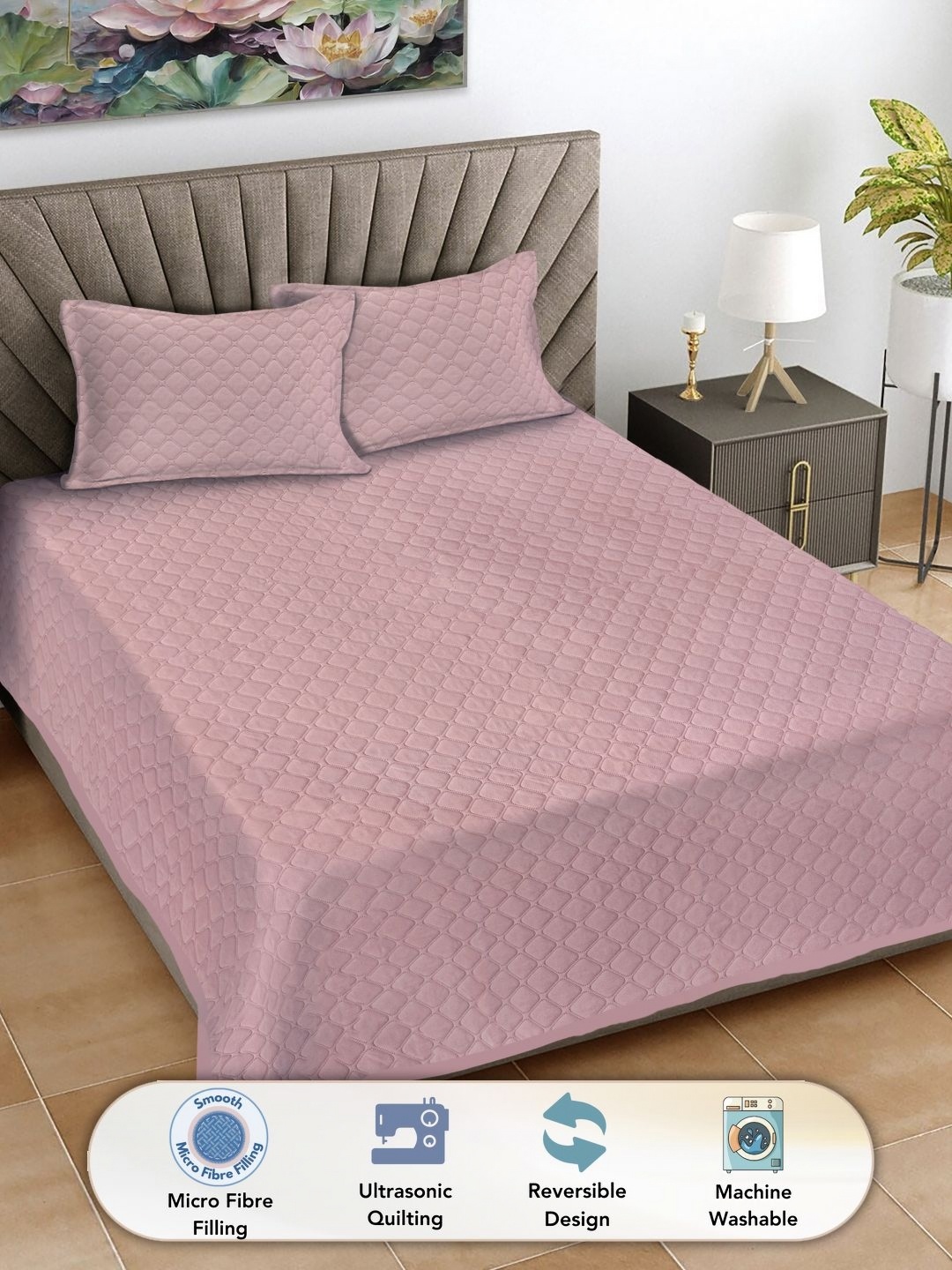 

FABINALIV Peach Solid Quilted Reversible King Bed Cover & 2 Pillow Covers