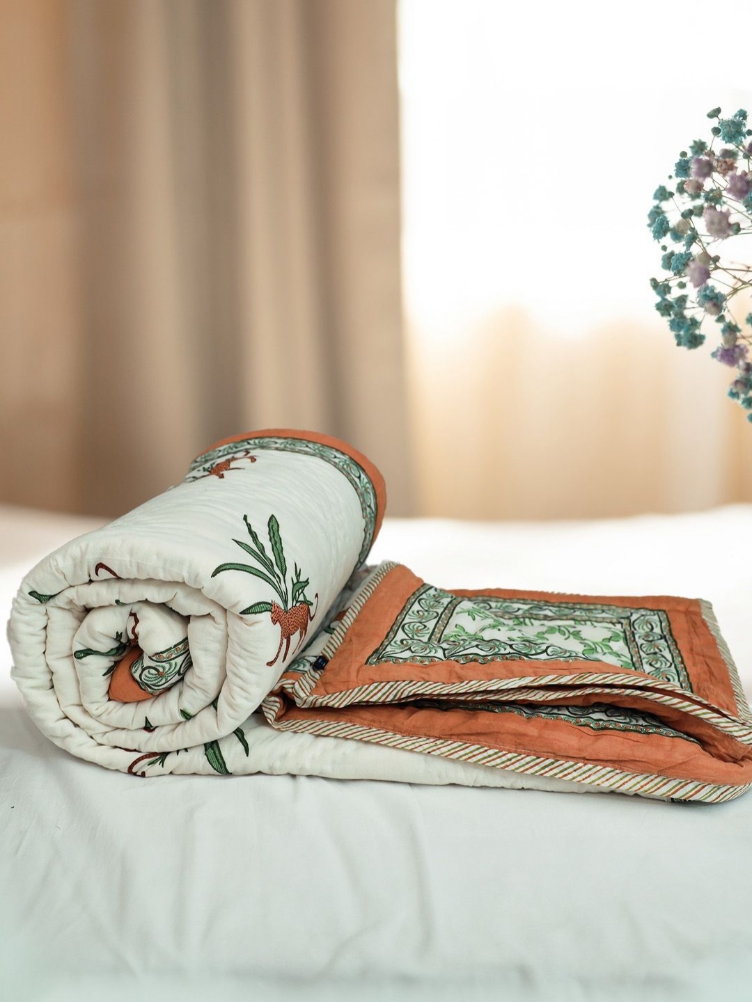 

Baarno White & Green Floral 300 GSM Pure Cotton Single Bed Jaipuri Razai