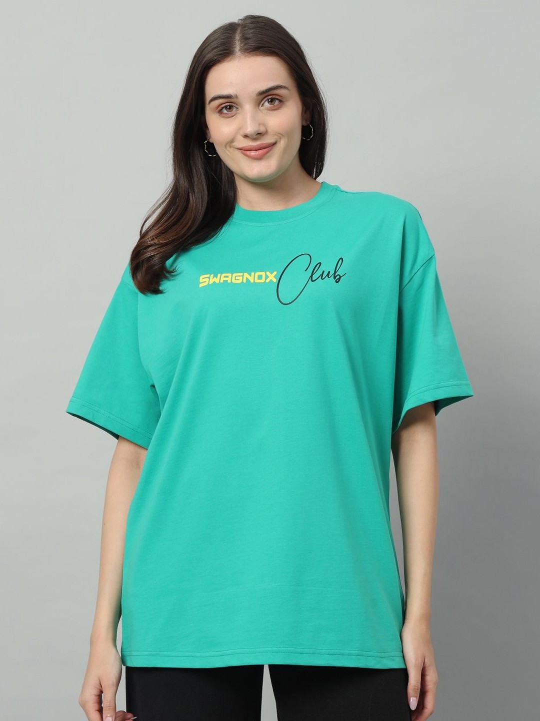 

SWAGNOX Women Typography Applique T-shirt, Green