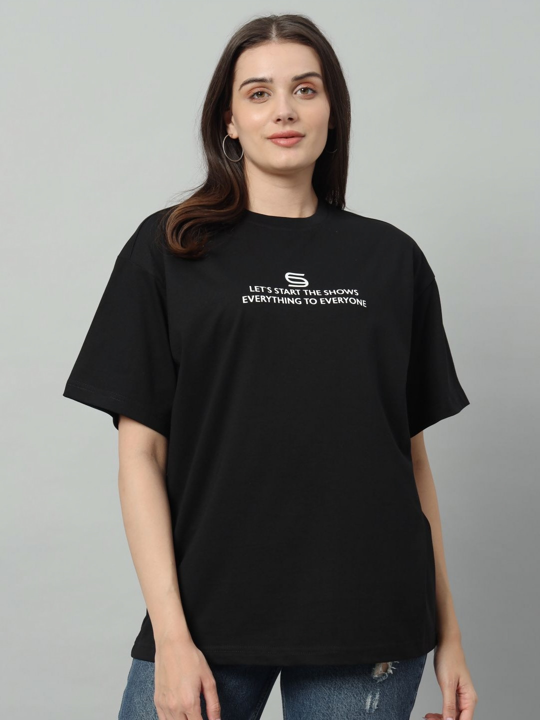 

SWAGNOX Women Typography Printed Drop-Shoulder Sleeves Applique T-shirt, Black