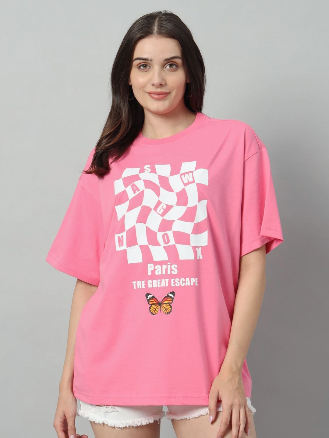

SWAGNOX Women V-Neck Extended Sleeves Raw Edge T-shirt, Pink