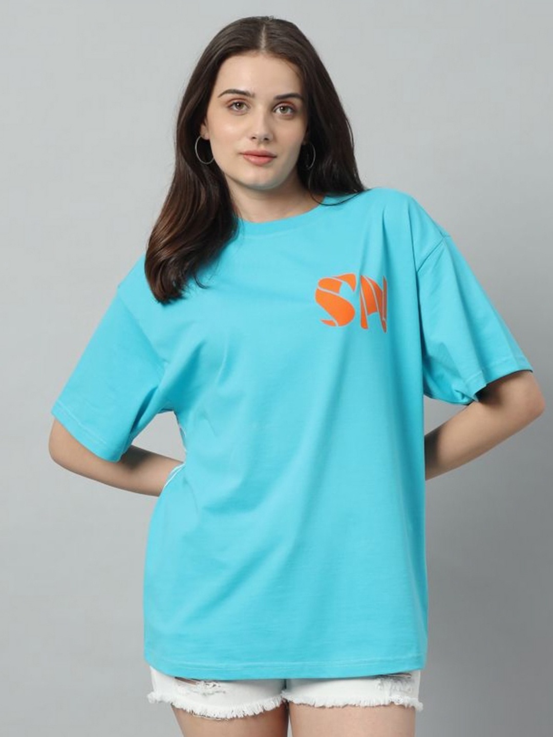 

SWAGNOX Women Typography Printed Tropical Raw Edge T-shirt, Turquoise blue