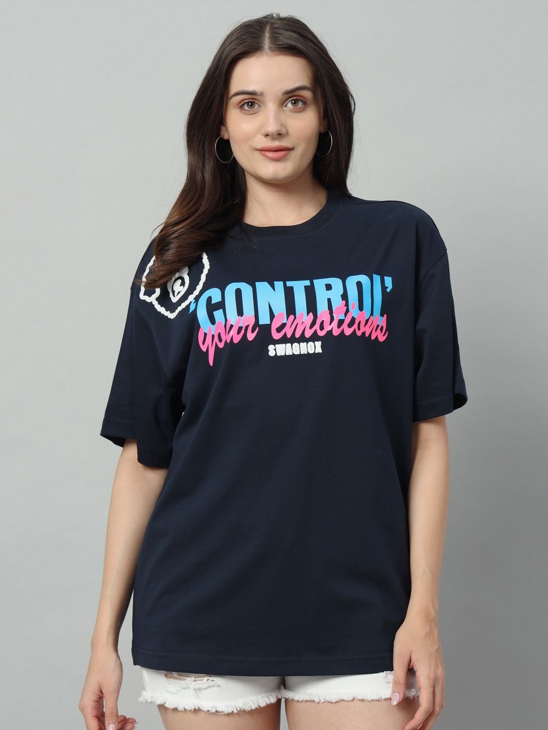 

SWAGNOX Women V-Neck Drop-Shoulder Sleeves Raw Edge T-shirt, Navy blue