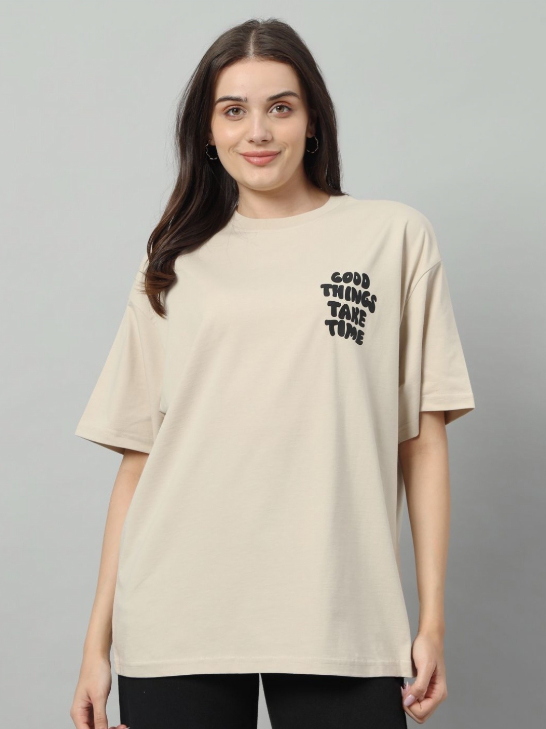 

SWAGNOX Women Typography Printed Raw Edge T-shirt, Beige
