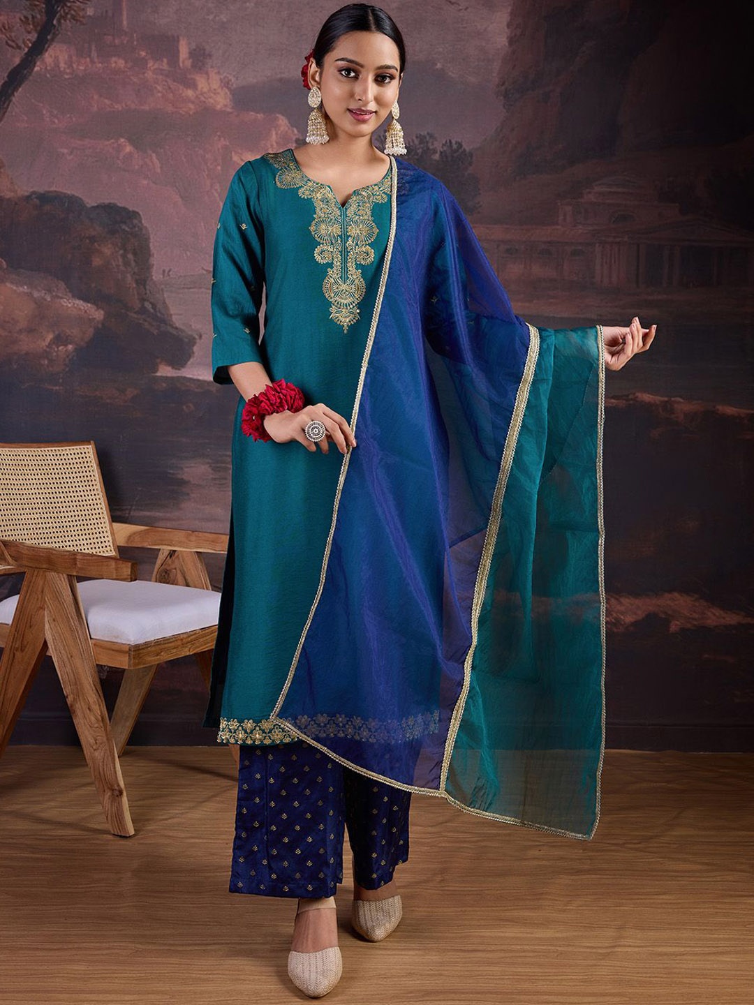 

HERE&NOW Turquoise Blue Floral Embroidered Chanderi Silk Kurta With Trousers & Dupatta