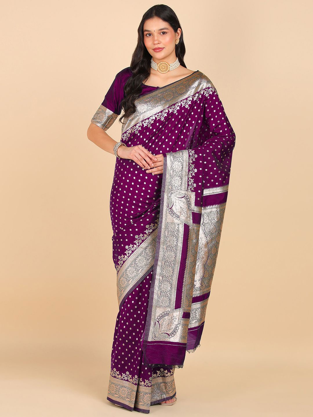 

LEAFFEB Woven Design Zari Pure Silk Banarasi Saree, Magenta