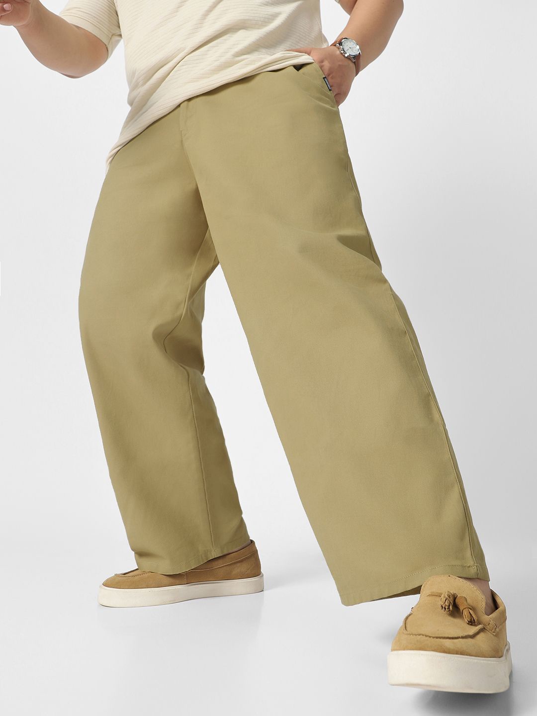 

Urbano Plus Men's Loose Baggy Fit Solid Chino Non-Stretchable Trousers, Olive