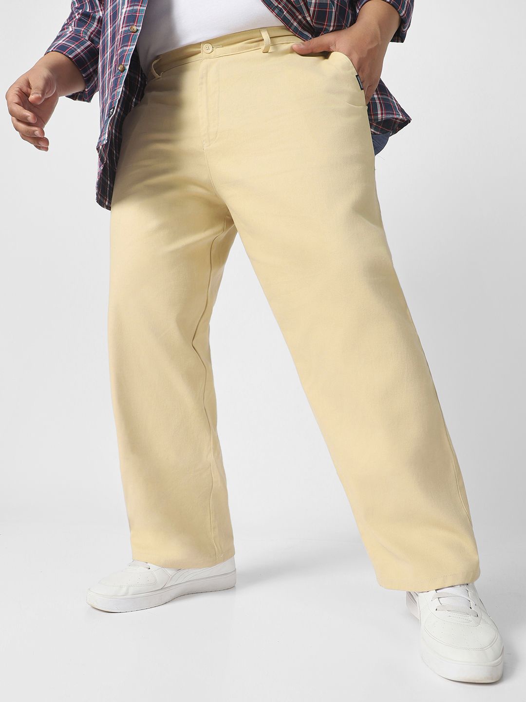 

Urbano Plus Men Cotton Solid Non Stretchable Loose Baggy Fit Chinos Trousers, Beige