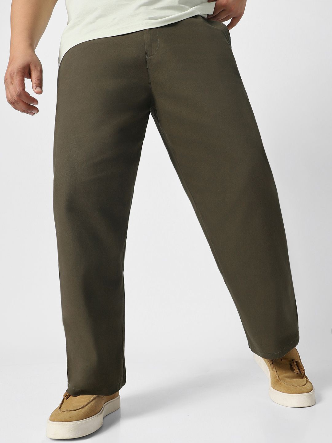 

Urbano Plus Men Solid Non Stretchable Loose Baggy Fit Chinos Trousers, Olive