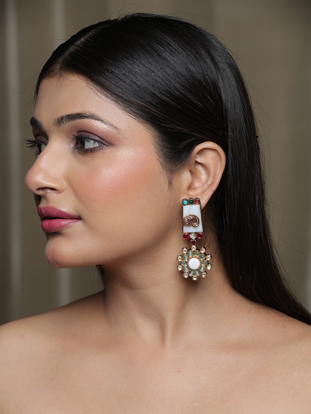 

STYLE DECO Stone Studded Contemporary Drop Earrings, Gold