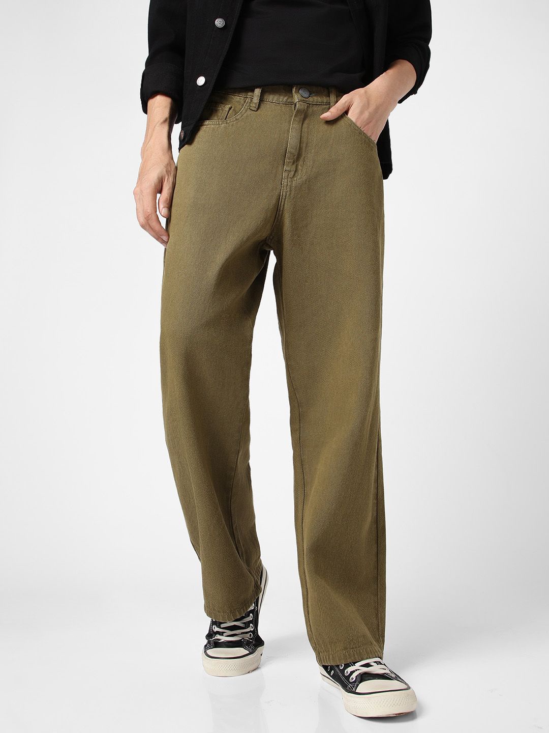 

Urbano Fashion Men Loose Baggy Fit Mid-Rise Pure Cotton Jeans, Olive
