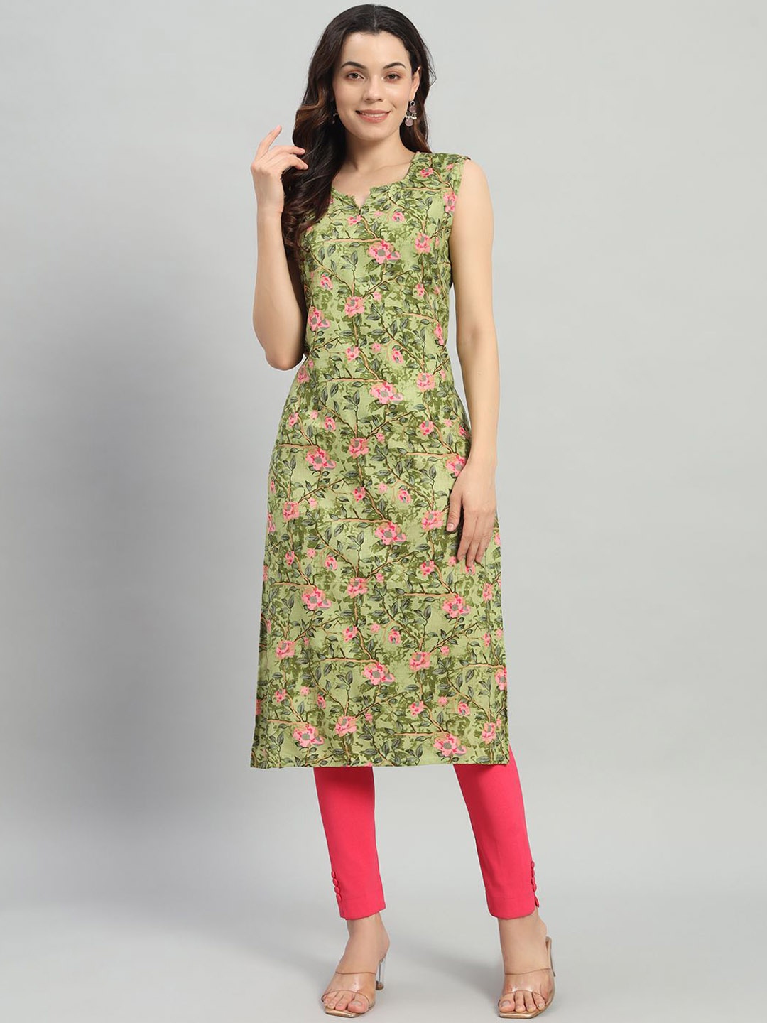 

ASHRU Floral Printed Straigth Kurta, Green